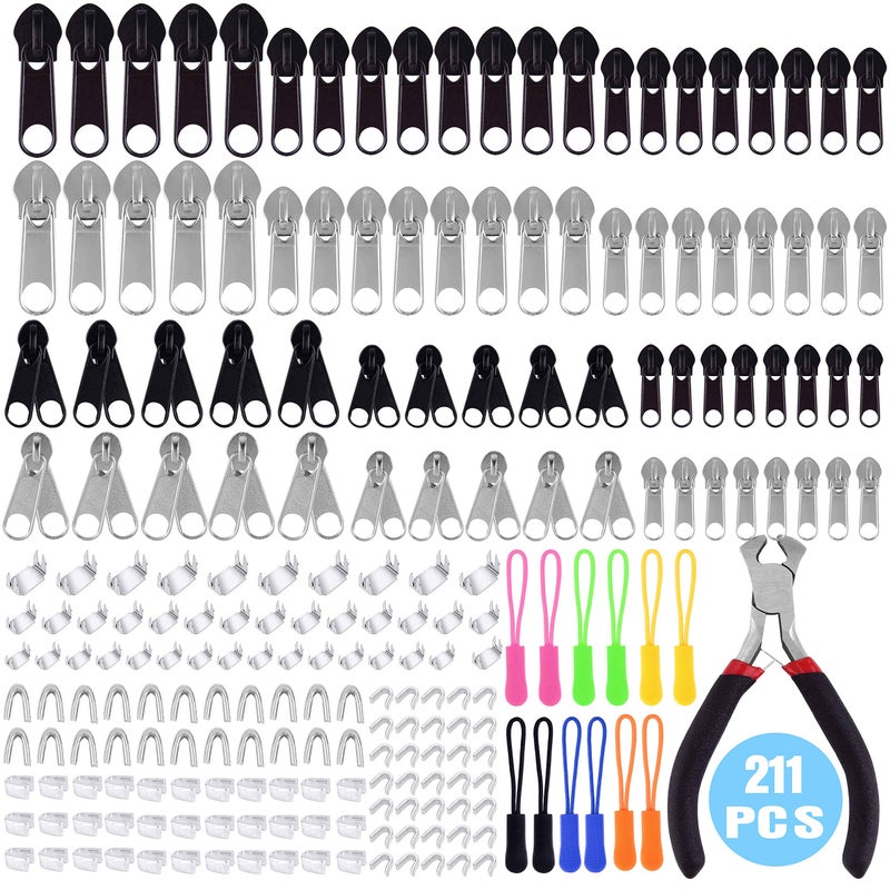 Tuparka 211 Pcs Zipper Repair Kit with Zipper Install Plier for DIY Bags, Luggage, Backpacks, Silver and Black - Image 1
